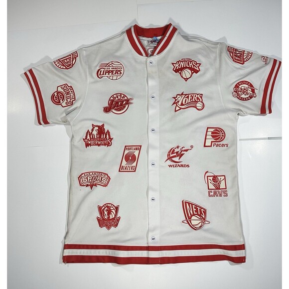 Vintage 90s NBA Team Logos Warmup Shooting Shirt Basketball Jersey Sz Large READ - Picture 1 of 13